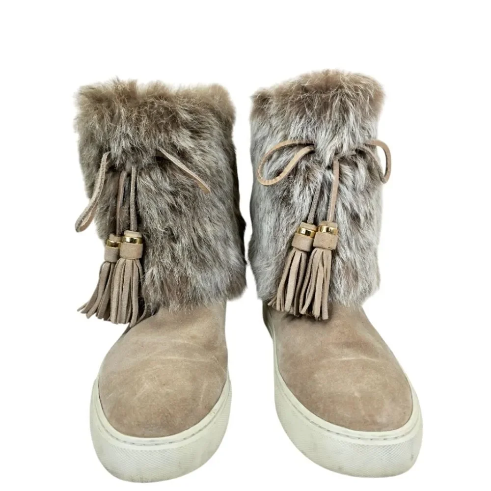 Tory Burch Angelica Tassel Suede Leather Rabbit Fur Slip On Boots US 9M
